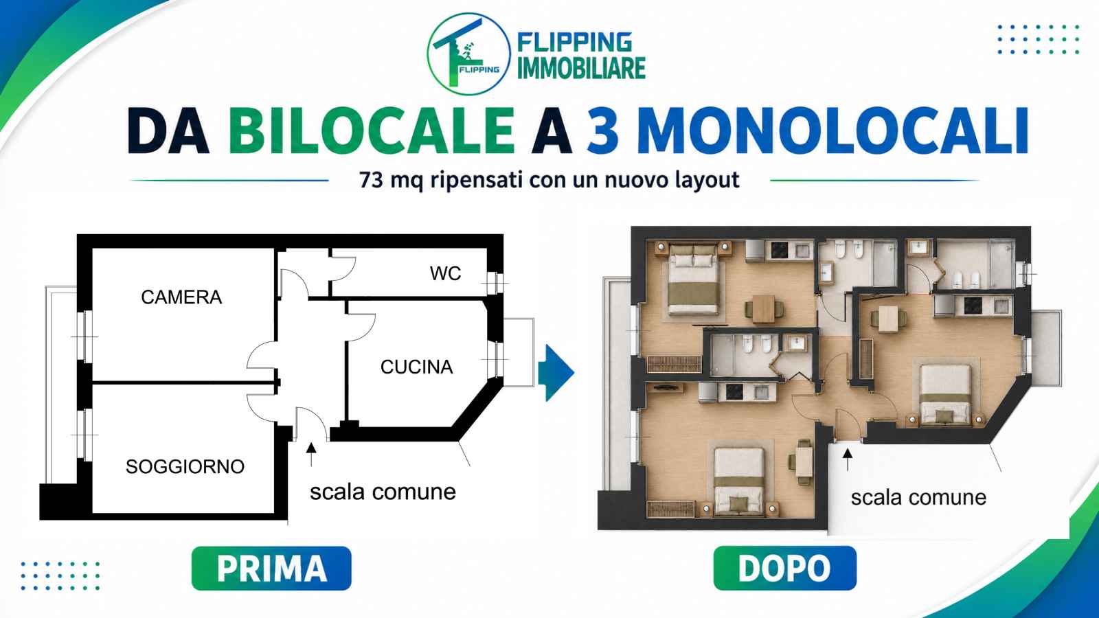 Da bilocale a tre monolocali: come frazionare 73 mq con il Salva Casa