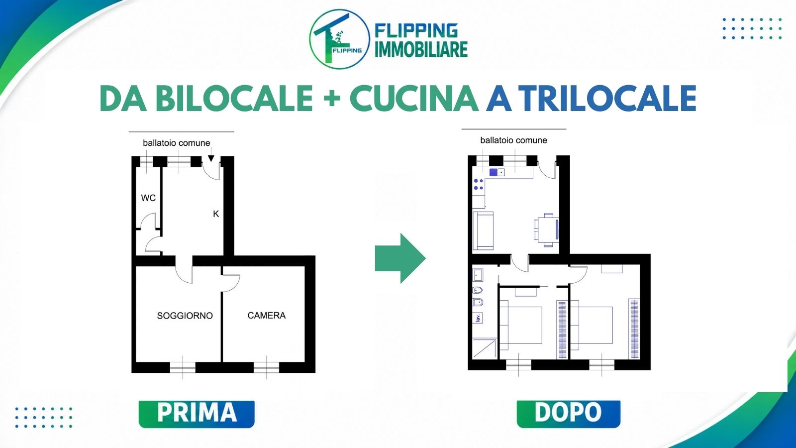 Come trasformare un bilocale con cucina di 53 mq in trilocale in una casa di ringhiera